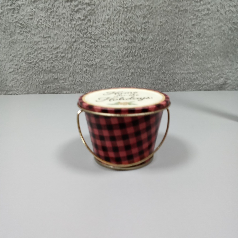 Home for the Holidays Red Buffalo Plaid Mini Metal Tin Bucket with Lid Handle